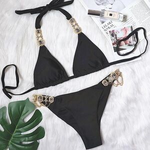 Elegant Black Bikini with Gold Accents